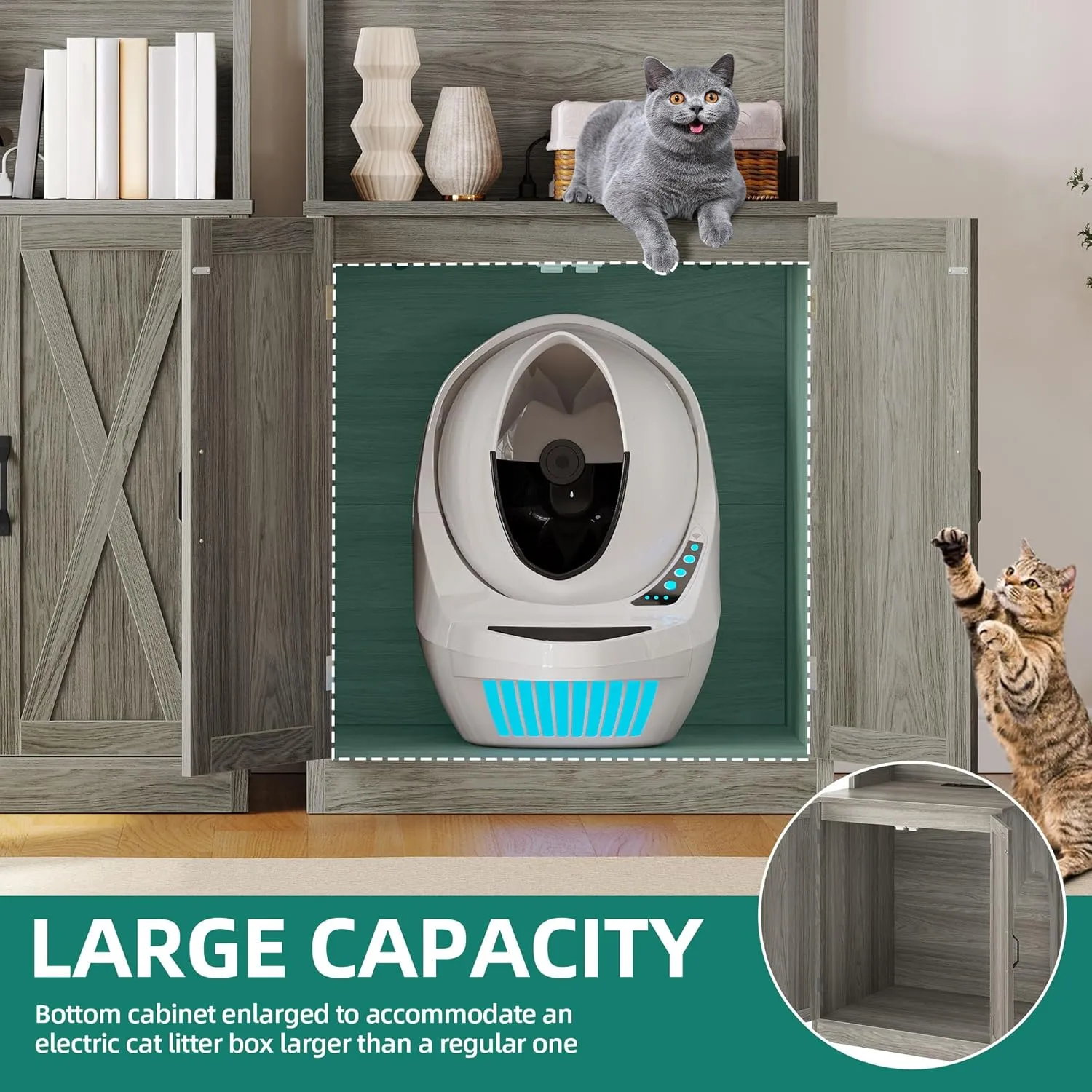 YITAHOME Large Cat Litter Box Furniture with Shelves and Charging Station, Hidden for Self-Cleaning Cat Litter Box Enclosure, Wooden Cat Cabinet for Smart Litter Box Size, Wash Grey