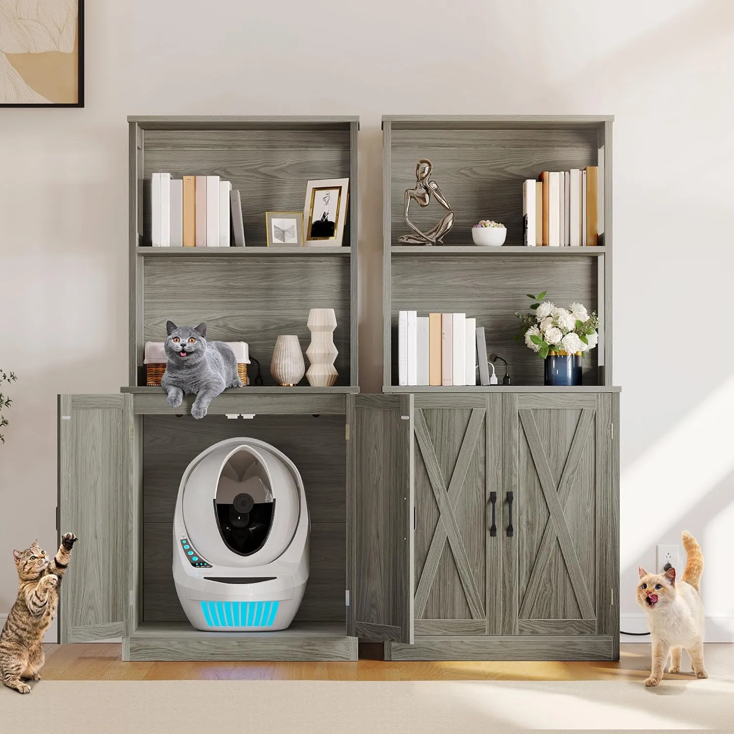 YITAHOME Large Cat Litter Box Furniture with Shelves and Charging Station, Hidden for Self-Cleaning Cat Litter Box Enclosure, Wooden Cat Cabinet for Smart Litter Box Size, Wash Grey