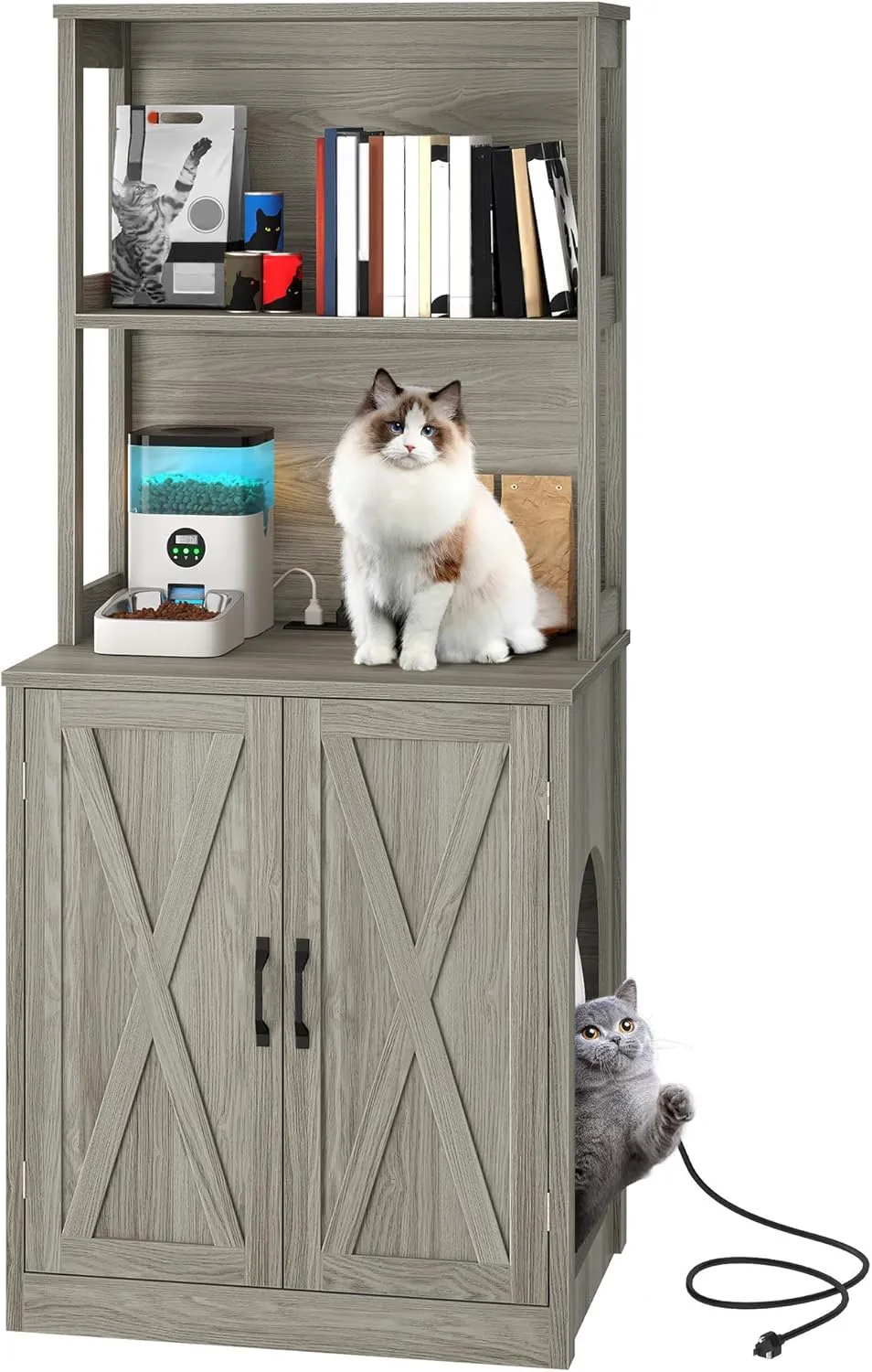 YITAHOME Large Cat Litter Box Furniture with Shelves and Charging Station, Hidden for Self-Cleaning Cat Litter Box Enclosure, Wooden Cat Cabinet for Smart Litter Box Size, Wash Grey