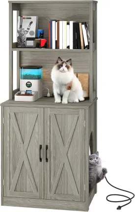 YITAHOME Large Cat Litter Box Furniture with Shelves and Charging Station, Hidden for Self-Cleaning Cat Litter Box Enclosure, Wooden Cat Cabinet for Smart Litter Box Size, Wash Grey