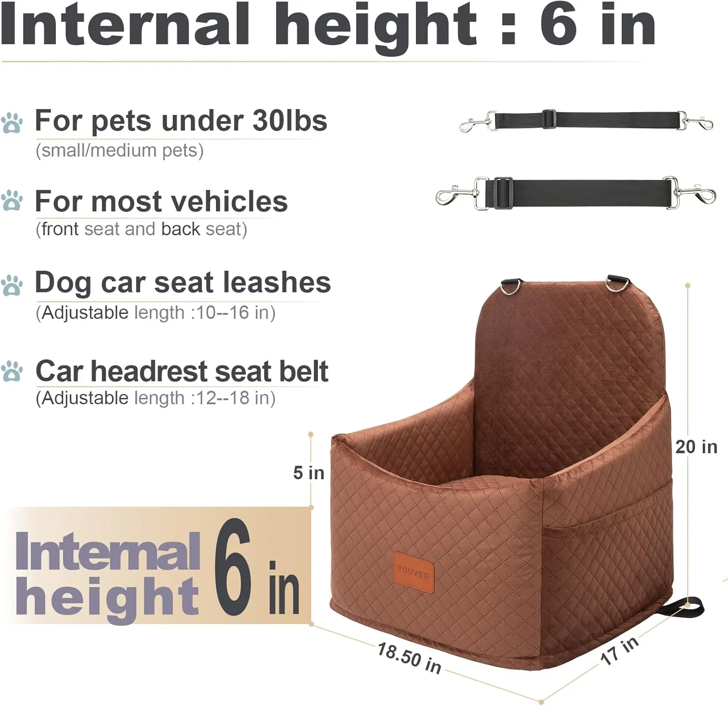 Youvee Dog Booster Car Seat - Interior Height 6 Inch Elevated Pet Car Seat for Small Dogs Up to 30 Lbs - Safety, Comfortable, Fully Detachable and Washable (View -Brown)