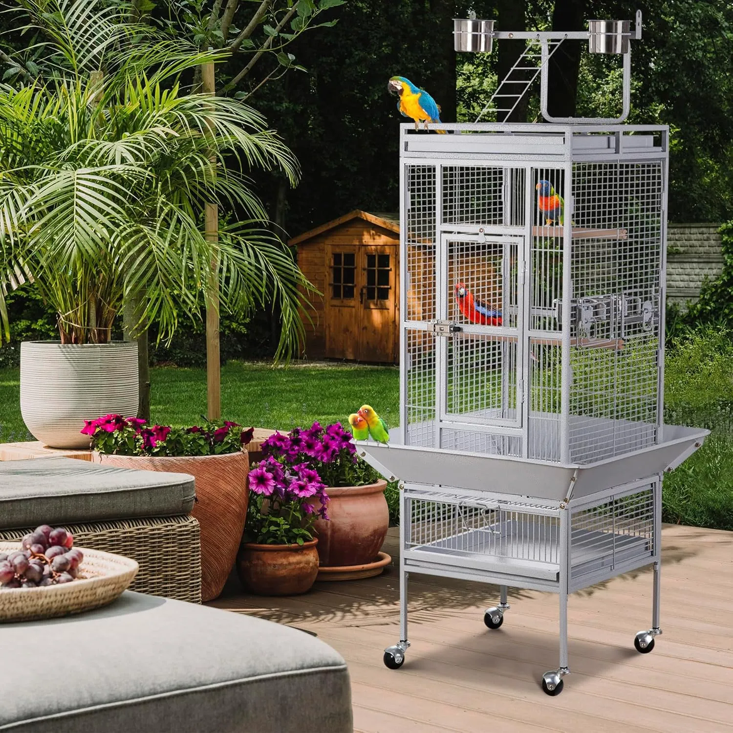 ZENY 61-inch Large Parrot Cockatiel Bird Cages with Wrought Iron Play Top, Aviary with Rolling Stand for Sun Parakeet Quaker Conure Lovebird Budgie Finch African Grey White Birdcage (White)